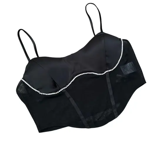 Privy Black Rhinestone Faux Corset Top