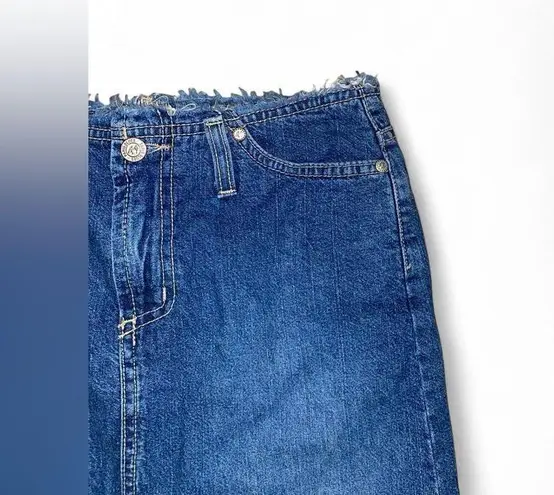 Paris Blues Y2K denim midi skirt with fringe top hem and front slit