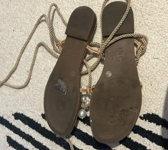 INC International Concepts Jerzi Rope Embellished Strappy Flat Sandals Size 11 Tan