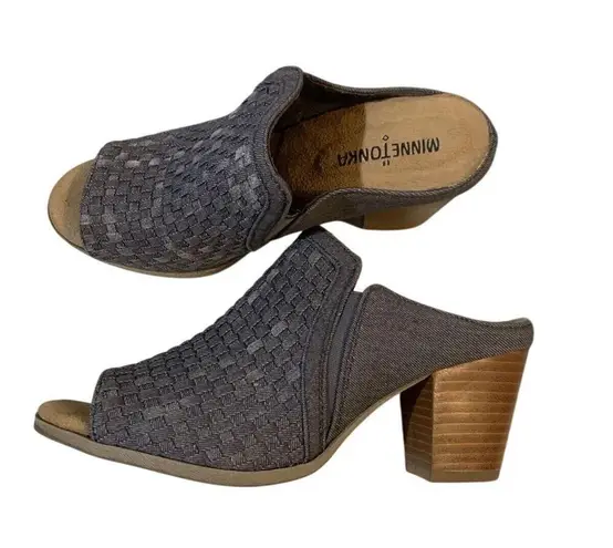 Minnetonka  Grey Denim Woven Mona Peep-toe Slide Heeled Sandal Size 10 / Euro 41