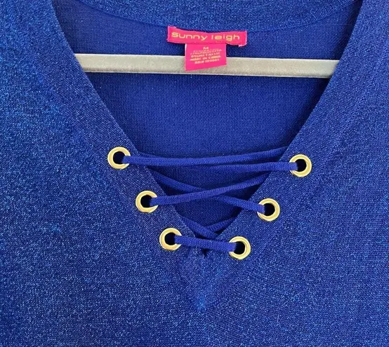 Sunny Leigh Top Cobalt Blue Glitter Sparkle 3/4 Sleeve Faux Lace Up Shirt M EUC