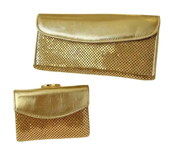 Whiting & Davis Vintage USA Gold Mesh Wallet Set 1960–70s Coin Purse & Checkbook