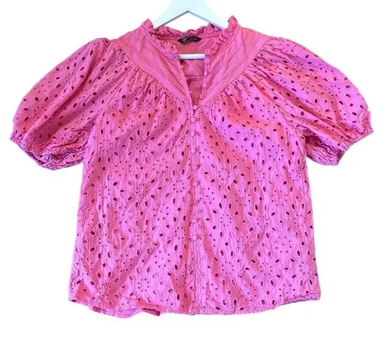 Pretty Garden pink cotton eyelet puff sleeve blouse large