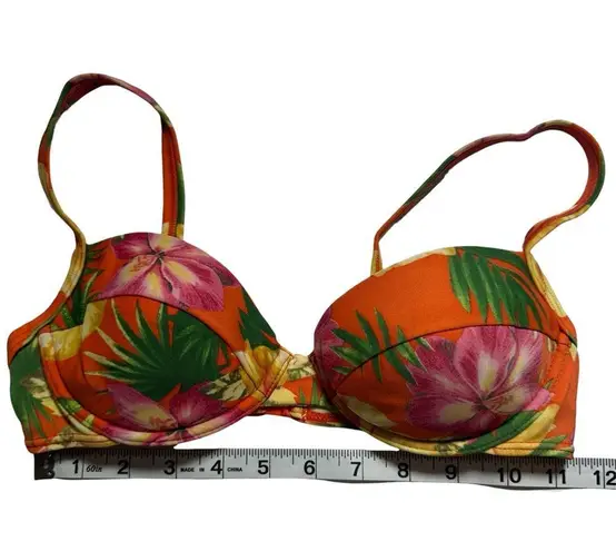 Vintage 90s Orange Tropical Floral Flower Hawaiian Padded Bikini Top Medium