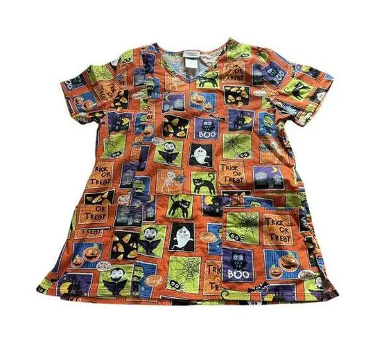 Scrubstar Halloween V Neck Top Womens Medium Short Sleeve Pockets Spooky Season