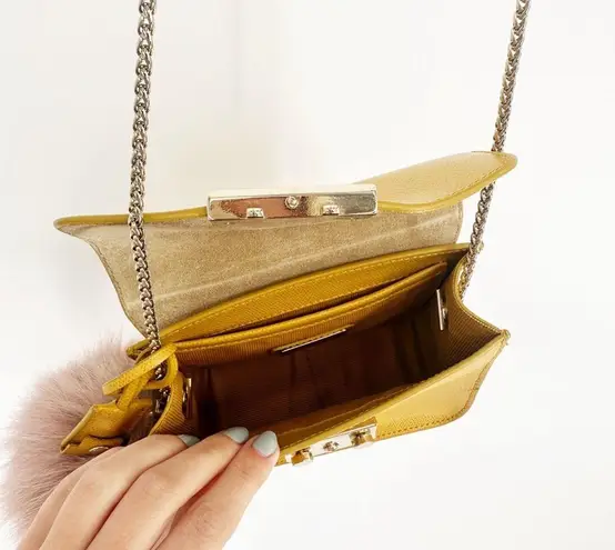 Furla Metropolis Small Crossbody Bag Chain Strap Leather Yellow with Fur Keyring