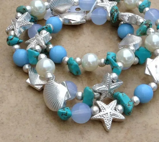 Silver Tone Turquoise Beach Stacking Set of 3