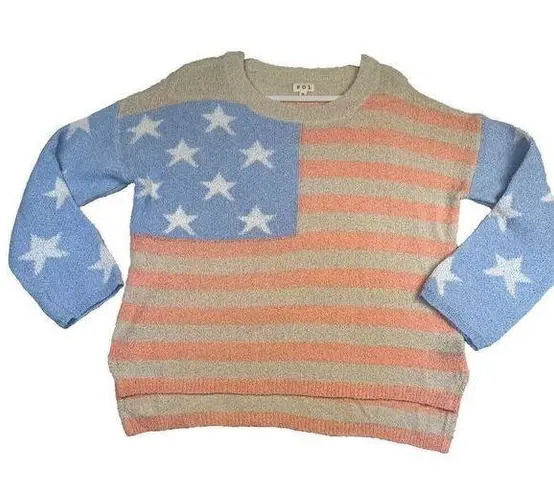 POL  Womens Sweater Coral tan Blue American Flag Lose Knit Slouchy Size Small