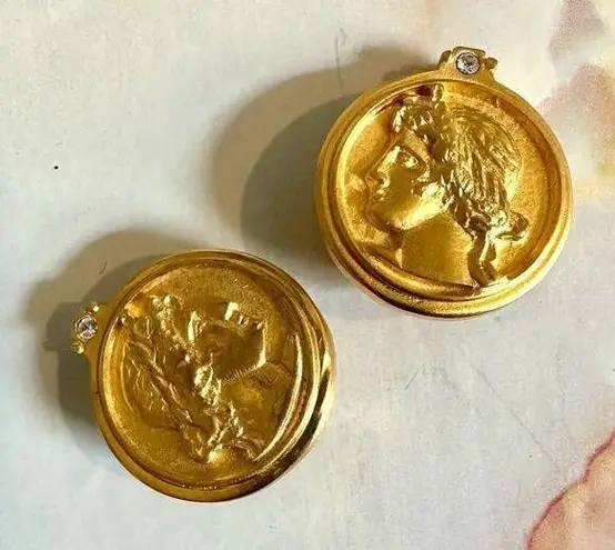 Bijoux Terner gold tone faux Roman coin clip on vintage earrings