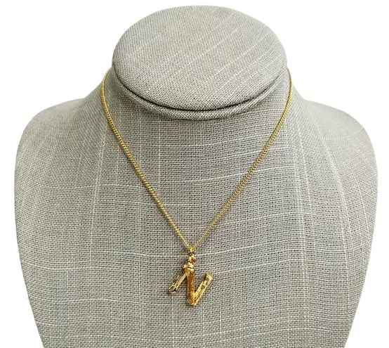 New Chainspro N Initial Monogram Wood Look Gold Tone Chain Necklace