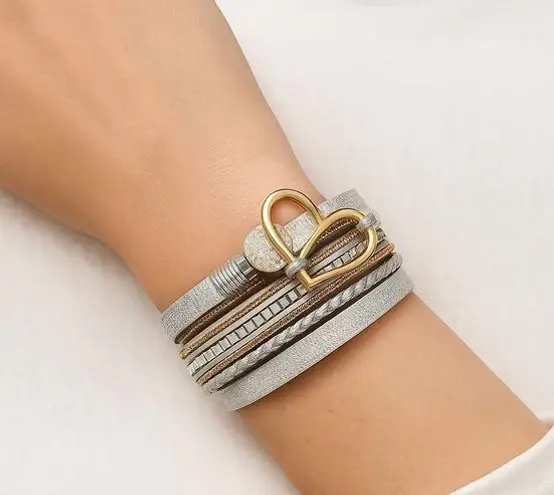 None Silver Gold Wrap Bracelet Sparkle Heart Glam Layered Style