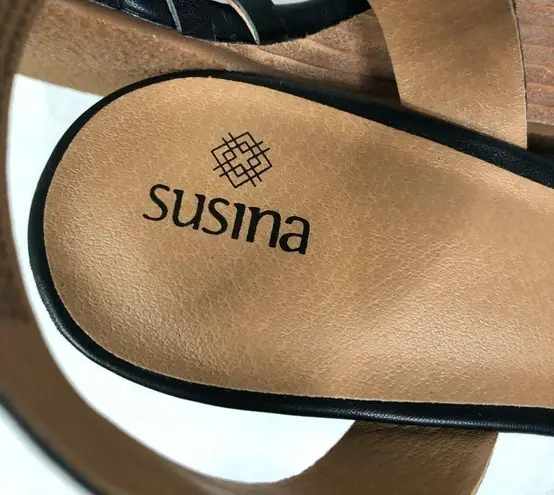 Susina Sandals Wedge Heel Strappy Leather Ankle Strap Black Size 9