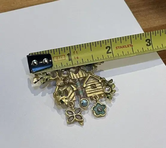 Signed KC Birdhouse Brooch Pin Gold Tone / Pastel Enamel & Rhinestone