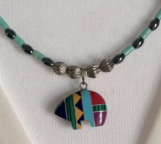 Vintage Multi Gemstone Silver Tube Bead Native American Bear Charm Necklace Set