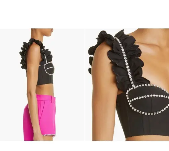 AREA Crystal Embellished Ruffle Bustier Top in Black Size 4 NWT
