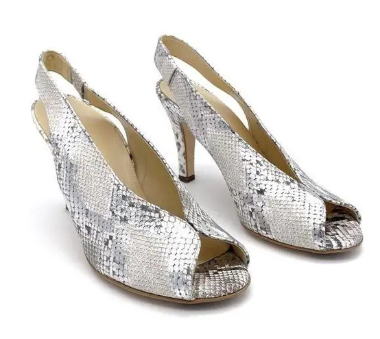 Paul Green  Avanti Peep Toe Slingback Heel Silver Snake Print Leather US Size 6.5