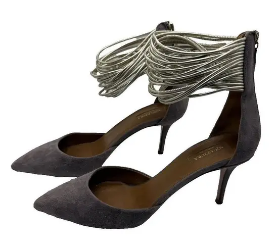 AQUAZZURA Gray Suede HELLO LOVER 75 Silver Metallic Ankle Strap Pumps Size 40 Gray