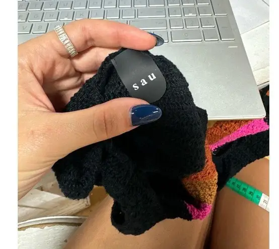 SAU Crochet Knit Sleeveless Halter Open Back One Piece Swimsuit Black Multi S