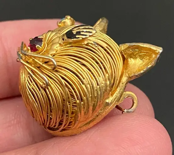Head Vintage Unsigned Gold-tone Wired Cat CZ Stones Small Cat Brooch