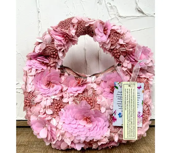 NWT Pink 3D Floral Beaded Top Handle Bag – Artisan Sequin & Bead Detail
