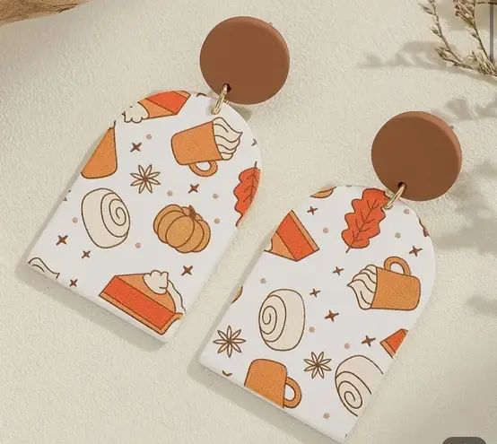 Autumn Fall Trendy Arch Dangle Earrings Pumpkin Pie Spice Cinnamon roll Boutique White