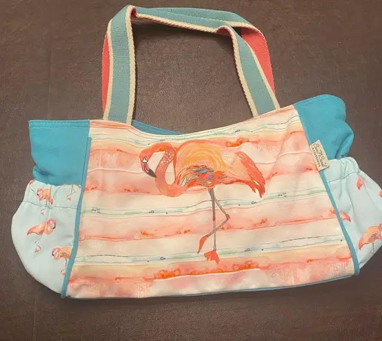 Sun N' Sand Flamingo Large Zip Top Canvas Shoulder Bag Elastic Side Pockets Pink