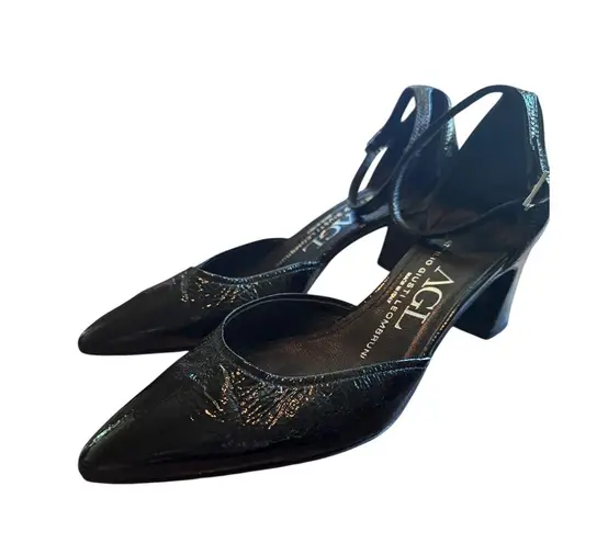 AGL Attilio Giusti Leombruni Black patent Ankle Strap Pointed Toe Pumps 6.5