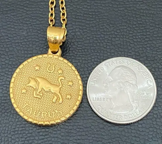 Zodiac 18K Gold plated Taurus  Sign Quarter Coin Pendant 20” Necklace 15.7g