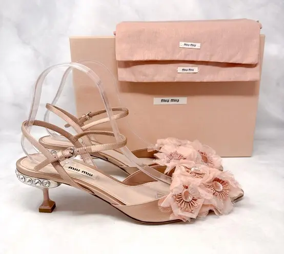 Miu Miu Floral Frill Silk Velvet Button Pointed Toe Kitten Heels Pumps Pink 39