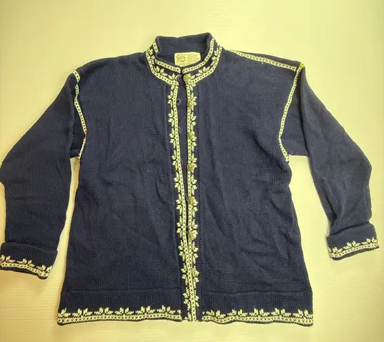 Nordic Nomad Hand Loomed Cardigan Blue Traditional Designs Cotton Knit Sweater M Size M