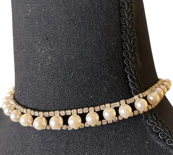 Shiny Pearl and Silver Colored Rhinestone Choker Necklace 14” Flat | Y2K Glam