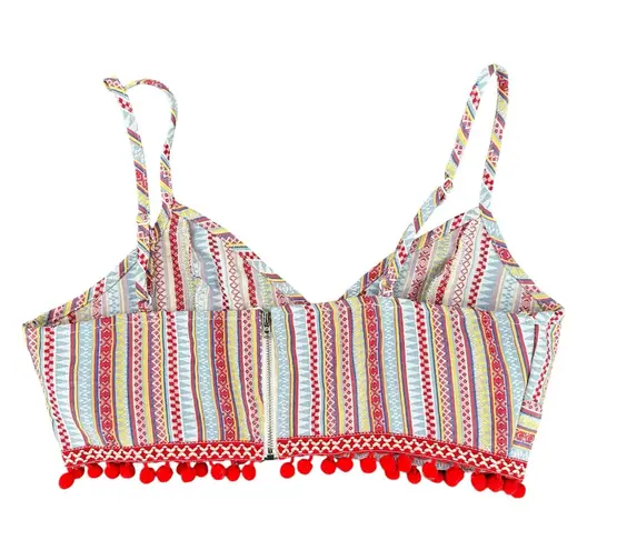 Boho Festival Red Crop Top Halter Adjustable Straps Pom Pom Fringe Zips Large