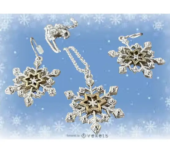Snowflake Necklace Earrings Set 16" Chain New Reversible Festive Winter… Gold