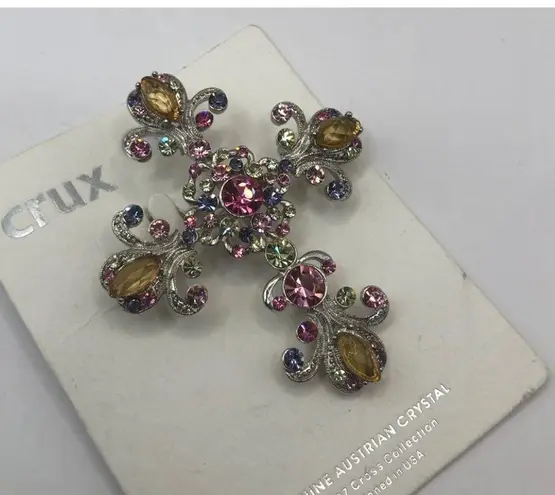 Vintage Crux Silver Tone Religious Cross Pin Brooch Pendant Multicolored Crystal