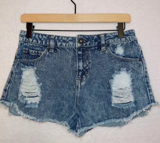 Tinseltown Denim Medium Wash High Rise Distressed Cut Off Shorts