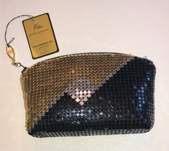 Elka Vintage Black Gold Silver Sequin Mesh Clutch