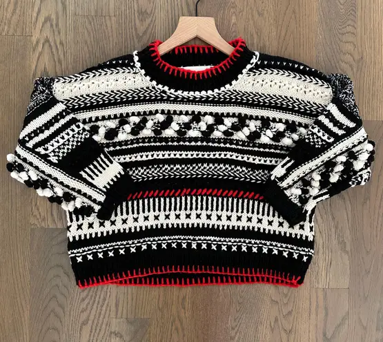 Spencer Vladimir Women's Mixed-Stitch Crop Sweater in Black, White, & Red Small