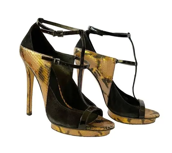 Brian Atwood Campisa black suede and bronze snakeskin embossed stiletto heels