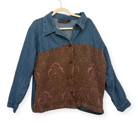 Vintage 90s New Direction Denim Tapestry Jacket Boho Western Festival Beaded 1X Blue