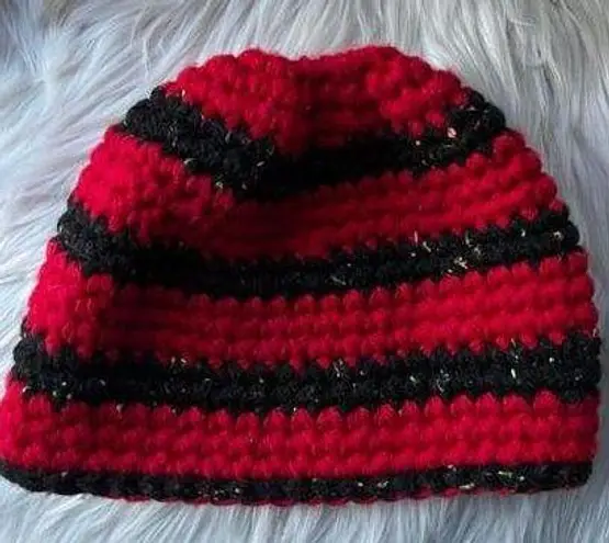 Cozy Handcrafted Red and Navy Striped Beanie