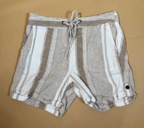 Per Se Striped Shorts Linen Blend Drawstring Casual Summer Beige Size S