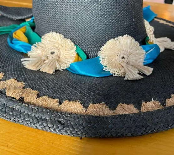 Von Henneberg Raffia Derby Hat Black with Ribbon Straw Floral Detail