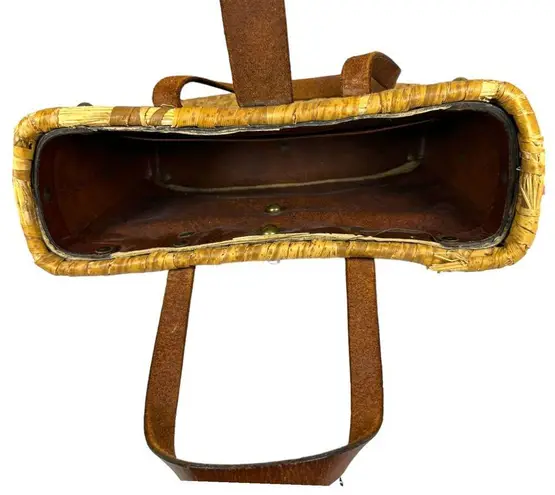 John Romain Vintage 1960s Woven Rattan Straw Leather Brass Tote Purse Brown