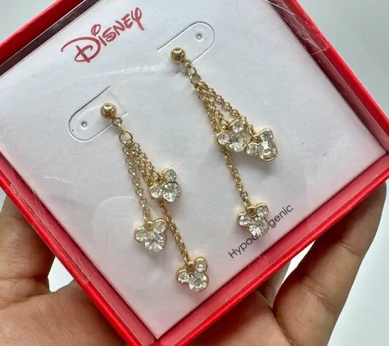 Disney  Goldtone Mickey Icon Chain Drop Earrings New Michey Ears