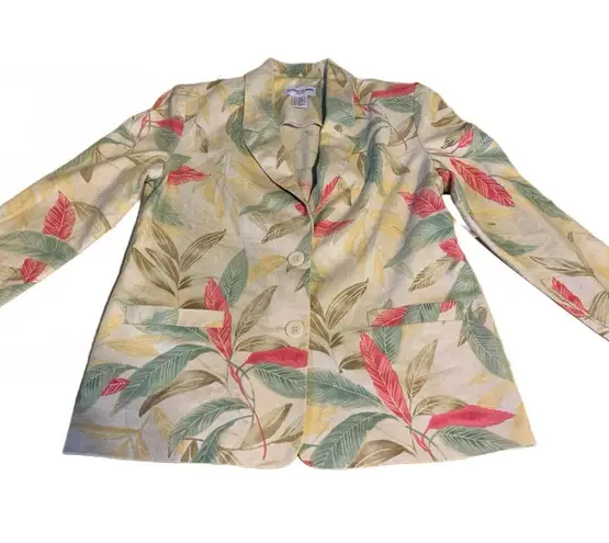 VINTAGE 1990'S ALFRED DUNNER PETITE LINEN BLEND LEAF PRINT MULTI