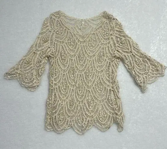 Gatsby Art Deco Style Bohemian Ivory Crochet Blouse Sz One Size Minimalist Tan