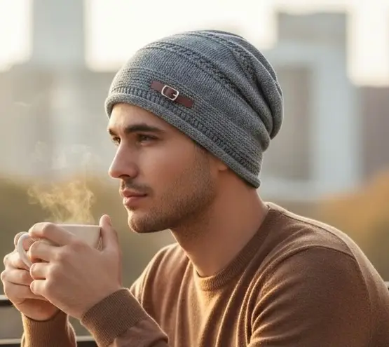 Slouchy Stretchy Winter Cozy Gray Buckle Beanie Knit Hat One Size Thick Soft