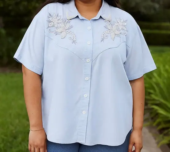 Jane Ashley Vintage 80’s light blue beaded and embroidered button-down shirt
