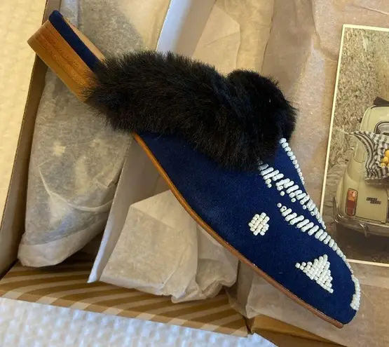 Soludos NEW! Sedona Beaded Leather Faux Fur Mules Size 6.5M Navy White Black