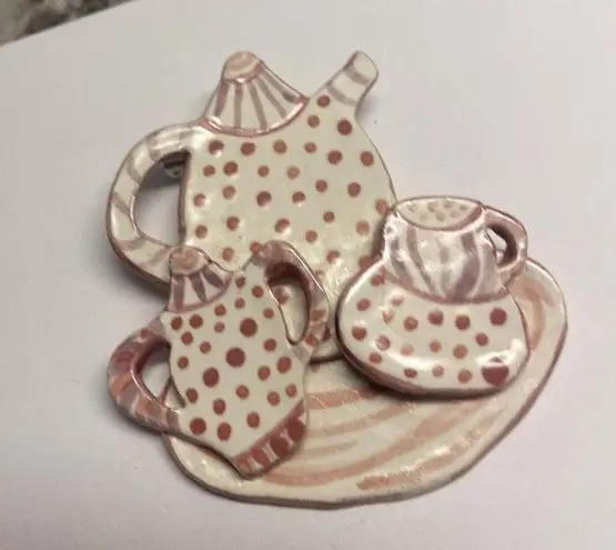Hand Made Hand Crafted Ceramic Brooch Pin Pink Tea Set Hand Painted